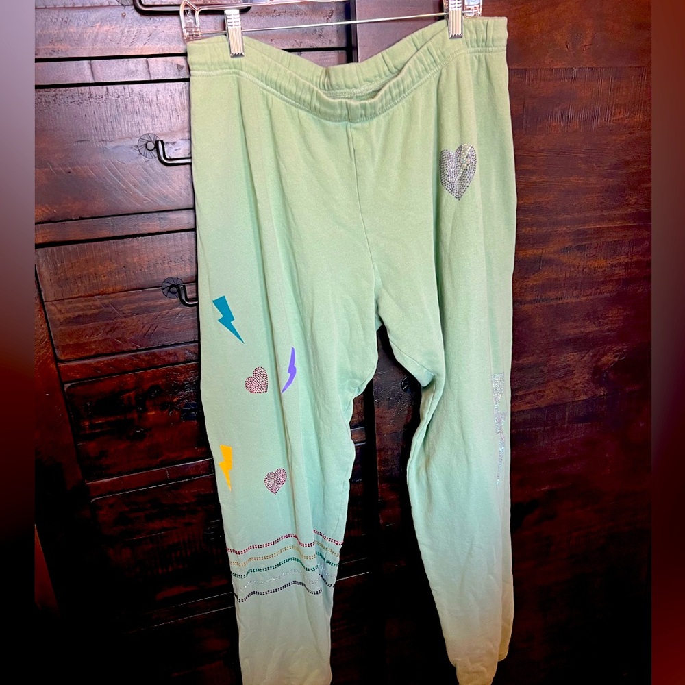 Lauren Moshi Like New Large Sweatpants with hearts and lightning bolts Green